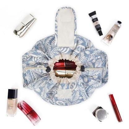 Narwey Barrel Drawstring Makeup Bag Large Cosmetic Bag Make up Bags Toiletry Organizer for Women (Blue Leaf) (Patent) - color: Y-Blue Leaf