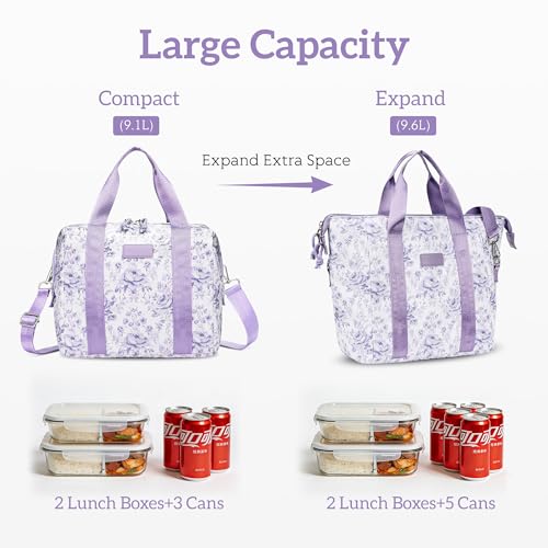 Lunch Box for Women Insulated Lunch Bag, Cute Lunch bags,Reusable Large Capacity Leakproof Lunchbox with Adjustable Shoulder Strap, Lunch tote for Work Office Picnic Travel (Purple Flower) - color: Purple Flower