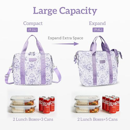 Lunch Box for Women Insulated Lunch Bag, Cute Lunch bags,Reusable Large Capacity Leakproof Lunchbox with Adjustable Shoulder Strap, Lunch tote for Work Office Picnic Travel (Purple Flower) - color: Purple Flower