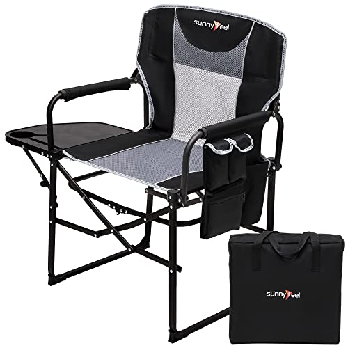 SUNNYFEEL Camping Directors Chair, Heavy Duty,Oversized Portable Folding Chair with Side Table, Pocket for Beach, Fishing,Trip,Picnic,Lawn,Concert Outdoor Foldable Camp Chairs - color: Black Grey