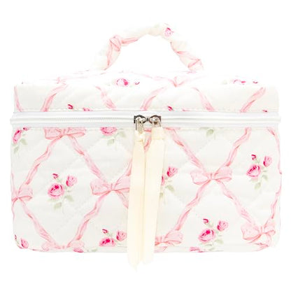 PAZIMIIK Quilted Makeup Bag Large Travel Zipper Soft Cosmetic Case for Women Girls Make Up,Bow Rose - color: Bow Rose, size: 1 PCS Bag