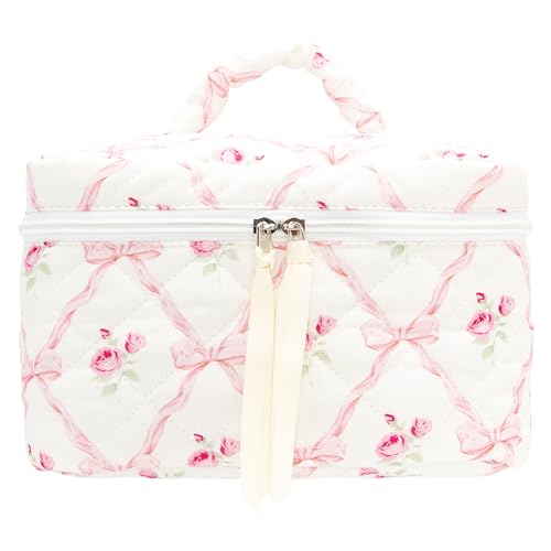 PAZIMIIK Quilted Makeup Bag Large Travel Zipper Soft Cosmetic Case for Women Girls Make Up,Bow Rose - color: Bow Rose, size: 1 PCS Bag