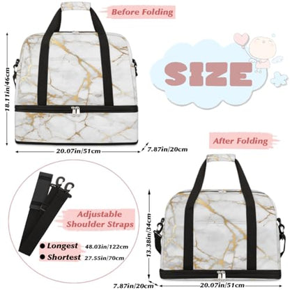 Travel Duffle Bags With Shoes Compartment for Women Men White Gold Marble Lightweigh Sports Tote Gym Bag Marble Foldable Canvas Weekender Overnight Carry On Luggage Handle Bag - color: Z01:White Gold Marble
