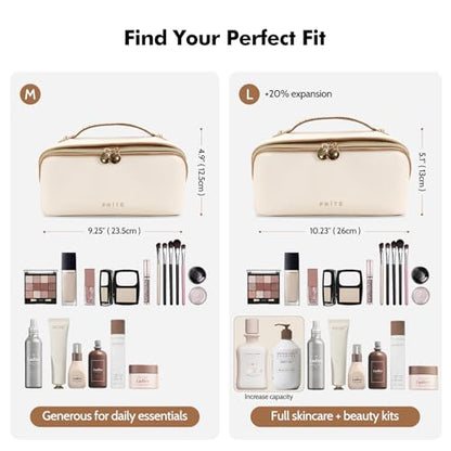 Prite Makeup Bag for Women Travel Waterproof Vegan Leather Cosmetic Bag Open Flat Toiletry Bag With Clear Divider and Handle (Beige, Medium) - color: Beige, size: Medium