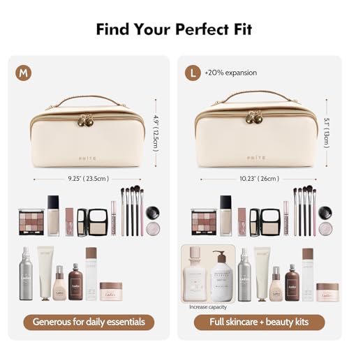 Prite Makeup Bag for Women Travel Waterproof Vegan Leather Cosmetic Bag Open Flat Toiletry Bag With Clear Divider and Handle (Beige, Large) - color: Beige, size: Large