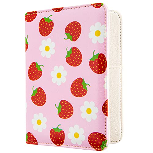 Passport Holder Cover Travel RFID Blocking Passport Cover Fruit printing Cute Flowers Passport Wallet with Elastic Band for Women - color: Pink Strawberry