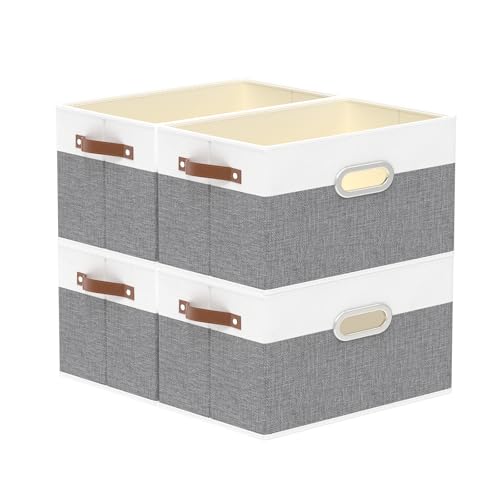 Yawinhe Fabric Storage Baskets, Foldable Closet Organizer for Shelves, Large Boxes with 3 Handles, Canvas Bins for Clothes, White/Grey, 12.99''Lx9.05''Wx7.87''H, 4-Pack - color: White/Grey, size: 12.99x9.05x7.87in/4-Pack