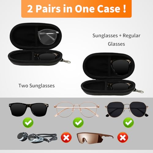 Double Eyeglasses Case, Hard Shell Dual Sunglasses Organizer with Zipper Clip Travel Glasses Storage for Women Men - color: Black Mushroom