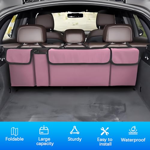 Car Trunk Organizer with Lid, Large Waterproof Vehicle Backseat Hanging Storage Bag with 4 Pockets & Adjustable Straps, Collapsible Automotive Interior Cargo Bag, Universal Fit (Pink) - color: Pink