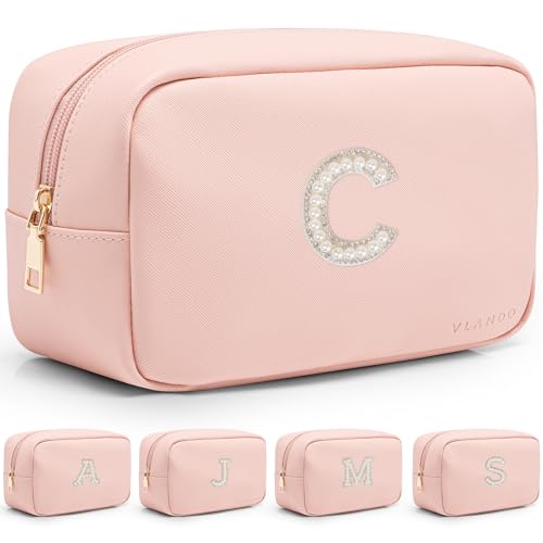 VLANDO Initial Makup Pouch Birthday Gifts for Teen Personalized Toiletry Bag w Zipper, Graduation Gifts Holidays Day Gifts Makeup Bag for Purse Preppy Stuff for Girls Letter C - color: 03-Pink-C