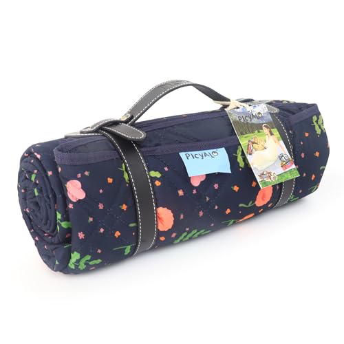 60x80” Double Thickened Picnic Blankets(150g High Density Cotton Stuffed) Navy Blue Floral Pattern Outdoor Picnic Mat Portable Picnic Blanket Foldable with Leather Carry Strap Beach Blanket - color: Blue Floral, size: 60"x80"
