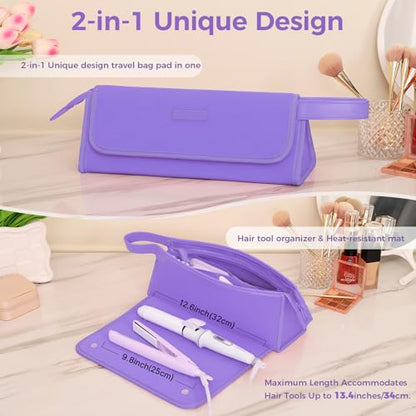 JKAOO Hair Tools Travel Bag and Heat Resistant Mat, 2 in 1 Portable Organizer Hair Travel Case for Curling Iron, Hair Straightener, Flat Irons, PU Hangable Handle, Neoprene (Purple) - color: Purple