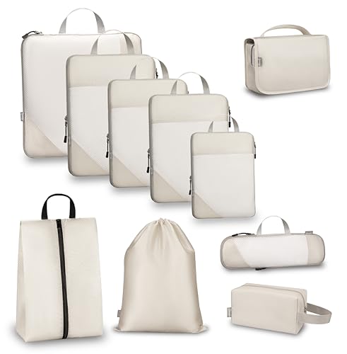 Compression Travel Packing Cubes with White Mesh, Apricot, 10Pcs | Waterproof fabric and See-Through Mesh, Space-Saving Compression Organizer for Travel and Daily Clothes Storage - color: Apricot, size: Set of 10