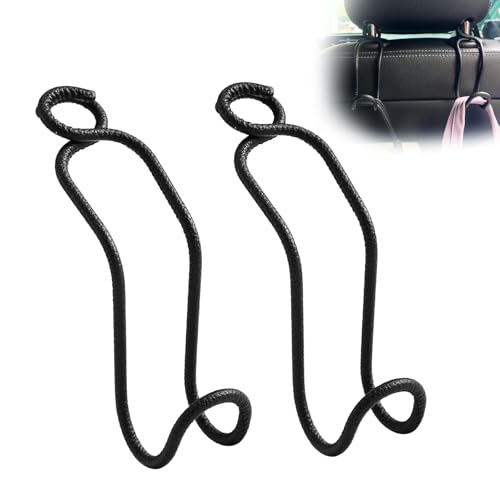Car Headrest Hooks for Purse and Bag - 2 Pack Car Seat Hooks for Grocery Handbag, Car Interior Accessories for Men Women, Heavy-Duty Metal Car Purse Holder Covered by Leather - Black Leather/2L - color: Black Leather, size: 2*Large