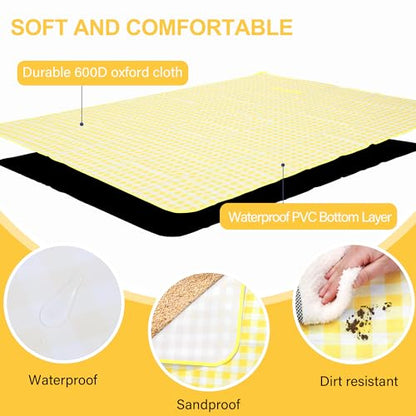 HX&OD Outdoor Picnic Blanket 80"X80" Picnic Mat Extra Large Camping Blanket Beach Blanket Foldable Waterproof Sand Mat Hiking Travel Family Concerts(Yellow) - color: Yellow, size: 80”x 80”