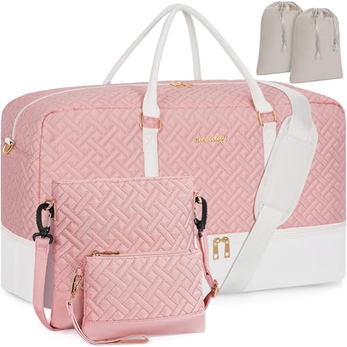Weekender Bag for Women, 5 Pcs Set Carry on Overnight Bag, 23" Large Travel Duffel Bag with Waterproof Shoe Compartment for Weekend Travel Business Trip - color: Pink & Beige, size: Extra Large
