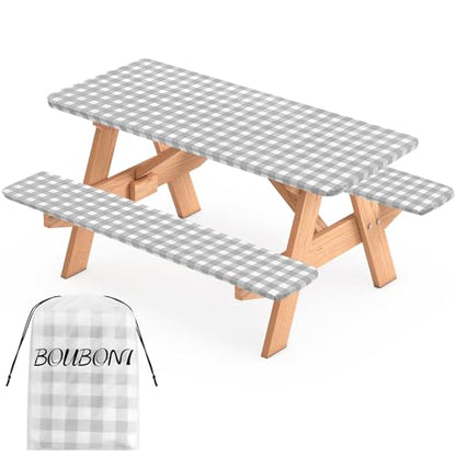 3 Pcs Set Fitted Picnic Table Cover with Bench Covers Vinyl Camping Table Cloth Flannel Backing Picnic Table Cloth for 6ft Tables Camping Outdoor (Gray Checked, 30 x 72 Inches) - color: Gray and White Plaid