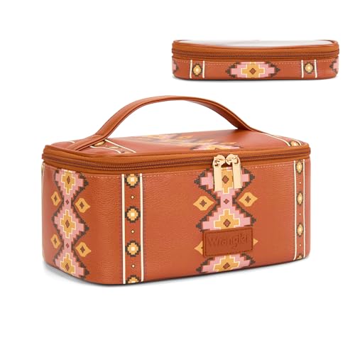 Montana West X Wrangler Travel Makeup Bag 2pcs Set Large Cosmetic Bag with Makeup Brush Holder Portable Make Up Organizer Cute Toiletry Bag with Divider and Handle for Women Aztec - color: Aztec-Brown