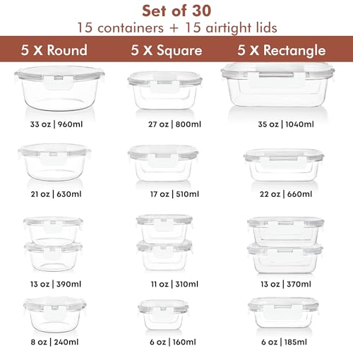 Razab 30 PC Glass Food Storage Containers with Lids - Reusable Glass Meal Prep Containers for Lunch and Leftovers - Airtight & Leakproof Snap Locking Lids - Oven, Freezer, Microwave, Dishwasher Safe - color: White