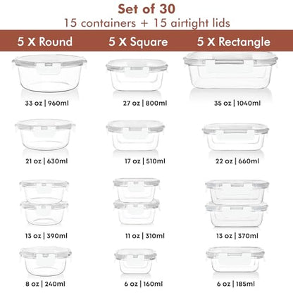 Razab 30 PC Glass Food Storage Containers with Lids - Reusable Glass Meal Prep Containers for Lunch and Leftovers - Airtight & Leakproof Snap Locking Lids - Oven, Freezer, Microwave, Dishwasher Safe - color: White