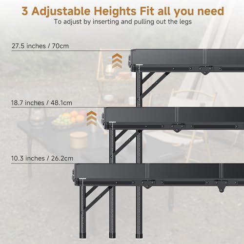 Folding Camping Table, 34.2"x15.7" 3 Adjustable Height Max 27.5" | Picnic Table Matte Black Aluminum Folding Table with Handle for Party, Dining, Garden, Patio, Market - style: 3-Fold MDF Tabletop