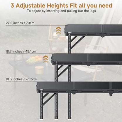 Folding Camping Table, 34.2"x15.7" 3 Adjustable Height Max 27.5" | Picnic Table Matte Black Aluminum Folding Table with Handle for Party, Dining, Garden, Patio, Market - style: 3-Fold MDF Tabletop