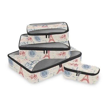 Vintage French Pattern Compression Packing Cubes for Travel Luggage Suitcase Packing Organizers Bags Carry On Lightweight 4 Set