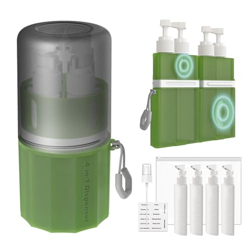 4 in 1 Travel Dispenser Bottle, TSA Approved Refillable Shampoo and Conditioner Bottles Set with Suction Cup for Smooth Walls, Travel Size Toiletries Container for Body Wash/Lotion.(Green) - color: Green