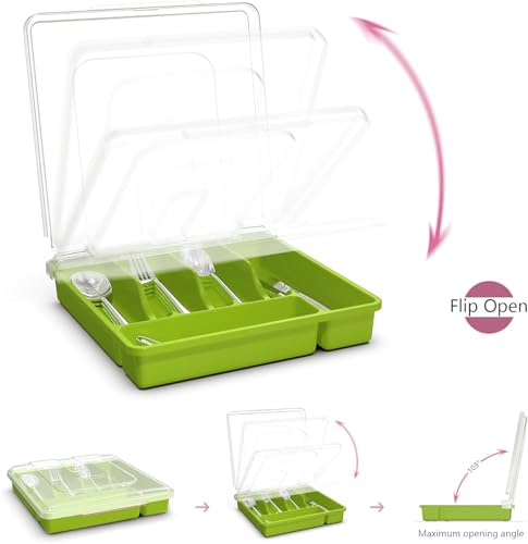 Utensil Holder for Countertop with Lid, Plastic Silverware Tray for Drawer (Green) - color: Green