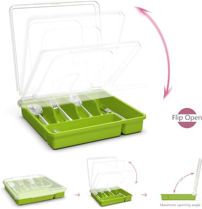 Utensil Holder for Countertop with Lid, Plastic Silverware Tray for Drawer (Green) - color: Green