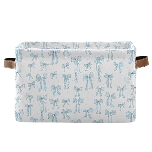 Wamika Bow Blue Storage Basket with Waterproof Liner and PU Handles Bowknot Cute White Storage Bins Boxes 14.2" Collapsible Decorative Organizer Baskets for Bedroom Closet Office 1 Pack - color: Bow blue, size: 1 Pack