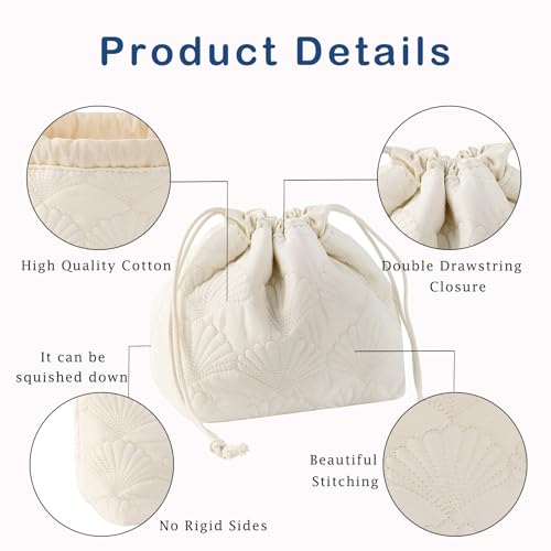 uekeboag White Shells Drawstring Quilted Cotton Makeup Pouch,Coquette Quilted Toiletry Bag for Women and Girls, Floral Coquette Organizer Bag, Aesthetic Travel Cosmetic Bags(White Shells Drawstring) - color: White Shells Drawstring