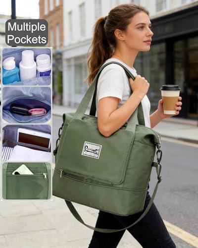 Foldable Travel Duffel Bag for Women, 40L Expandable Carry on Bag Personal Item Flight Approved, Lightweight Water Resistant Overnight Weekender Bag with Wet Pocket for Gym Travel, Olive Green - color: Olive green