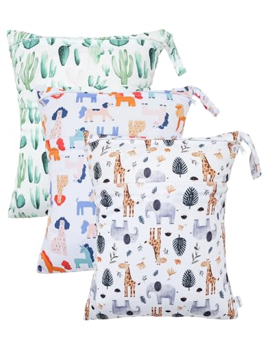 babygoal Animal Wet Dry Bags 3 Pack, Waterproof Travel Bags for Swimsuits, Beach, Pool, Gym,Food Storage and Wet Clothes(Giraffe,Cactus),3LN39-B - color: Neutral color 39