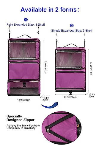 ELEZAY Hanging Packing Cubes Portable Closet 3-Shelf Travel Collapsible Compression Garment Organizer for Carry-on Luggage Suitcase Space Saver Bag X-Large_No Side Pockets, Purple - color: Purple, size: X-Large_12*10*24 IN