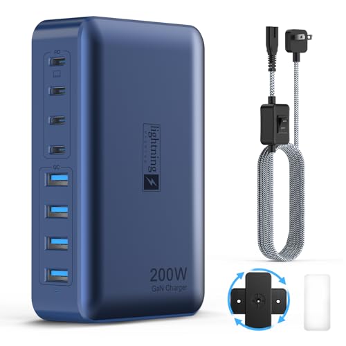 8-Port iPhone Charger Fast Charging 200W with Flat Plug, Braided Power Cord, and On/Off Switch- USB Charging Hub for iPhone, iPad, MacBook and More- 65W C Port Power Adapter for Laptops - color: 200W Charger Dark Blue