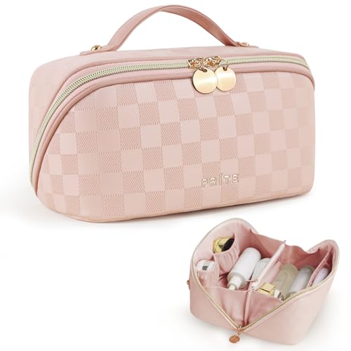 Prite Makeup Bag for Women Travel Waterproof Vegan Leather Cosmetic Bag Open Flat Toiletry Bag With Clear Divider and Handle (Plaid Pink, Medium) - color: Plaid Pink, size: Medium