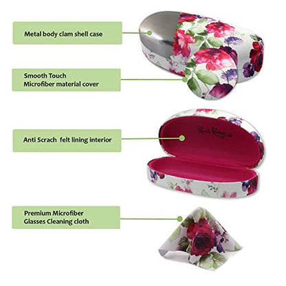 MyEyeglassCase Hard Sunglasses case - Women Glasses Case Holder - Large Durable Eyeglass Case Hard Shell with Pouch & Cloth - color: Floral Cranberry Rose