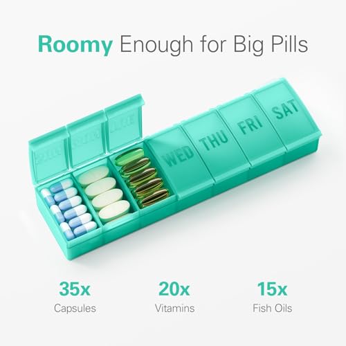 Barhon Pill Organizer Large, Weekly Pills Organizer Pill Box, Medicine Pill Organizer Travel, 7 Day Pill Case for Big Vitamins Supplements Fish Oil, Green - color: Green