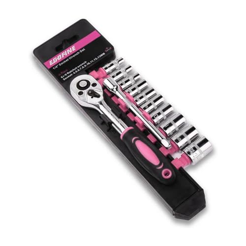 Egofine 12pcs 1/4 Inch Mini Ratchet Socket Wrench Set, Drive Socket Set with 10 Sockets (4-13mm) and 2 Way Quick Released Ratchet Handle and Extension Bar, Pink - size: 1/4, style: 12PC Pink Standard Socket Set