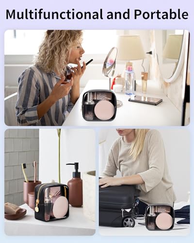 Wandering Nature 2 Pcs Clear Makeup Bag for Purse, Mini Make up Bag Cute Cosmetic Pouch for Women with Slip-in Pockets, Travel Toiletry Essentials Vegan Leather Organizer Pouch - color: Black Set