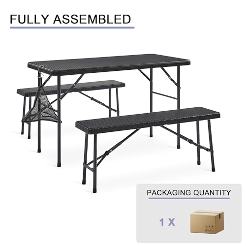 VECELO 3 Piece Folding Picnic Table with 2 Benches, 47.2" Faux Rattan Patio Set with Mesh Bag, Heat-Resistant & Waterproof, for Indoor Outdoor Use, Black
