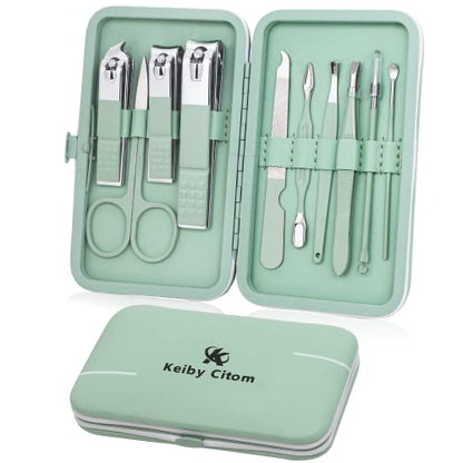 Manicure Set, Travel Mini Nail Clippers Kit Pedicure Care Tools, 10pcs Stainless Steel Grooming kit (Green) - color: Green