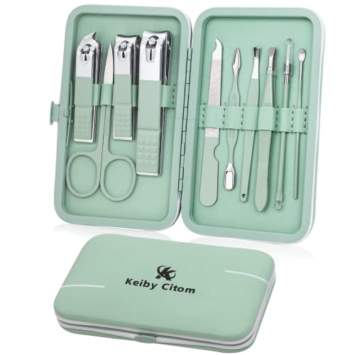 Manicure Set, Travel Mini Nail Clippers Kit Pedicure Care Tools, 10pcs Stainless Steel Grooming kit (Green) - color: Green