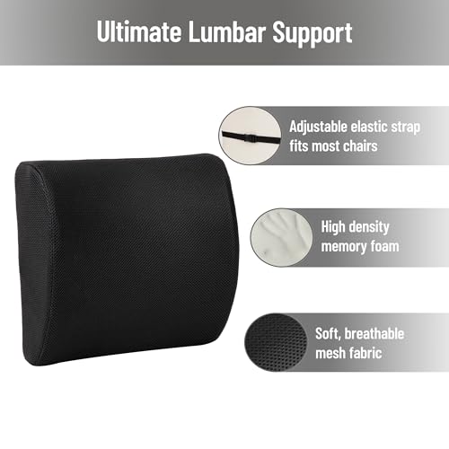 Mind Reader Lumbar Support Pillow with Air-Cloud Technology, Office Chair Back Cushion, Memory Foam, Black