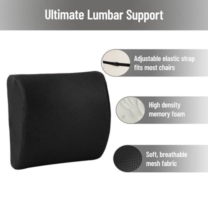 Mind Reader Lumbar Support Pillow with Air-Cloud Technology, Office Chair Back Cushion, Memory Foam, Black