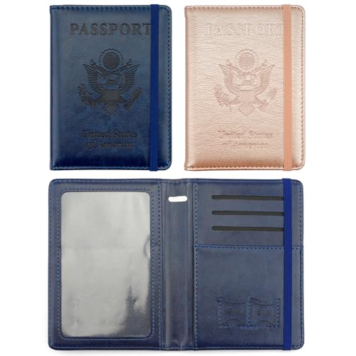 Passport Holder for Travel, 2 Pack Passport Cover, Waterproof Passport Wallet Leather Passport Holder Pen Holder Passport Holders for Women Men Family Travel Must Haves Essentials, Navy Blue+Rose Gold - color: Navy Blue+Rose Gold