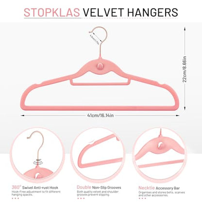 Velvet Stackable Hangers 30 Pack, STOPKLAS Pink Clothes Hangers Non Slip Felt Hangers with 360° Swivel Hook, Thin Hanger Space Saving, Heavy Duty Closet Hanger for Clothes, Coats, Suits, Dress, Pants - color: Pink
