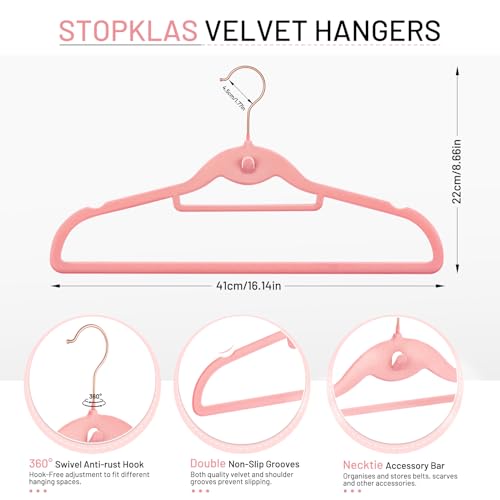 Velvet Stackable Hangers 30 Pack, STOPKLAS Pink Clothes Hangers Non Slip Felt Hangers with 360° Swivel Hook, Thin Hanger Space Saving, Heavy Duty Closet Hanger for Clothes, Coats, Suits, Dress, Pants - color: Pink