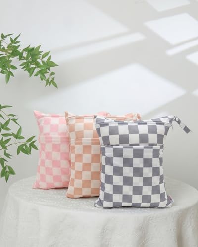ALVA ALVABABY 3pcs Medium Cloth Diaper Wet Dry Bags Waterproof Reusable with Two Zippered Pockets Travel Beach Pool Daycare Soiled Baby Items Yoga Gym Bag for Swimsuits or Wet Clothes 3L-ZM47 - color: Creamy Checkerboard Collection